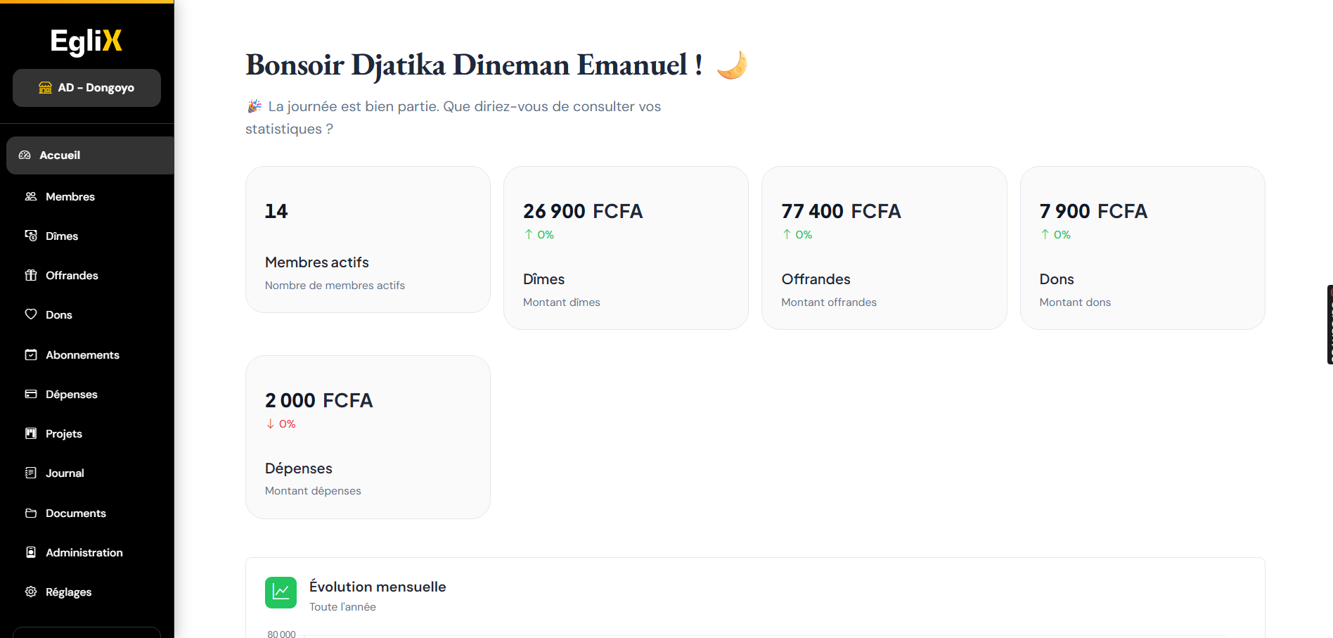 Eglix - Application de gestion d'église au Togo Eglix - Interface de gestion d'église moderne au Togo développée par LafiaTech